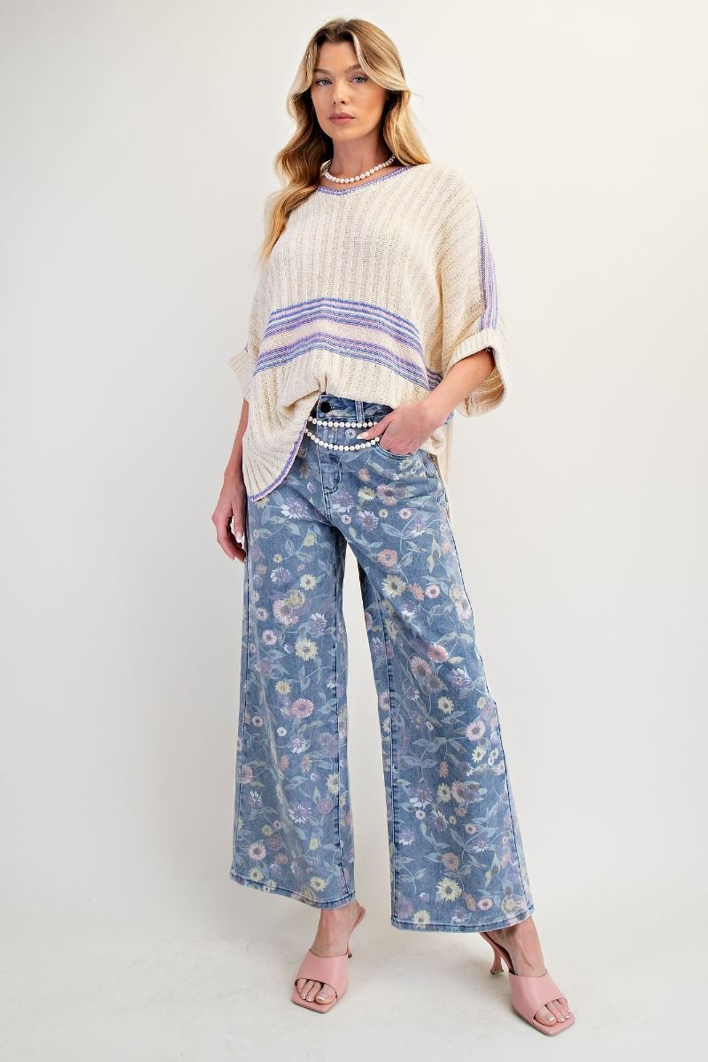 Floral Print Washed Denim Twill Pants
