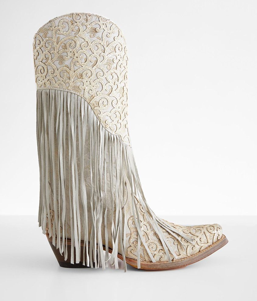 White Lamb Overlay Embroidery Fringe Boots by Corral