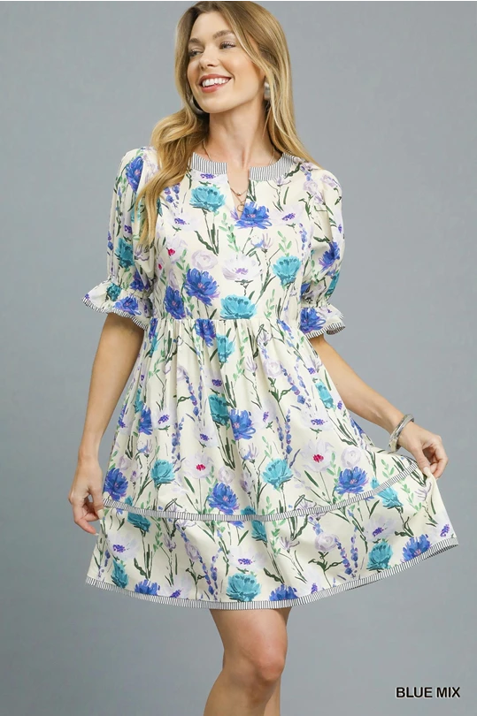 Blue Mix Floral Babydoll Mini Dress