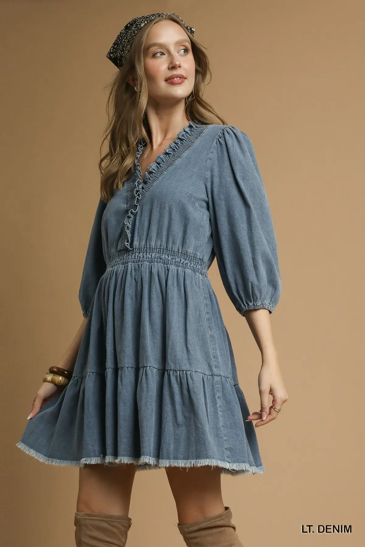 Ruffled Charm Light Denim Mini Dress
