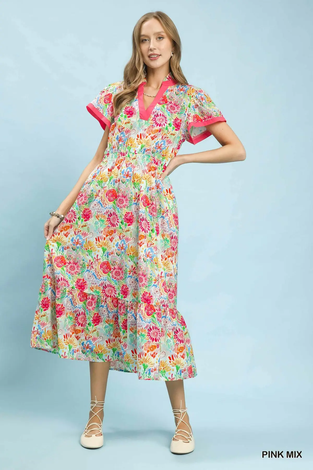 Pink Mix Abstract Print Contrast Trim Midi Dress