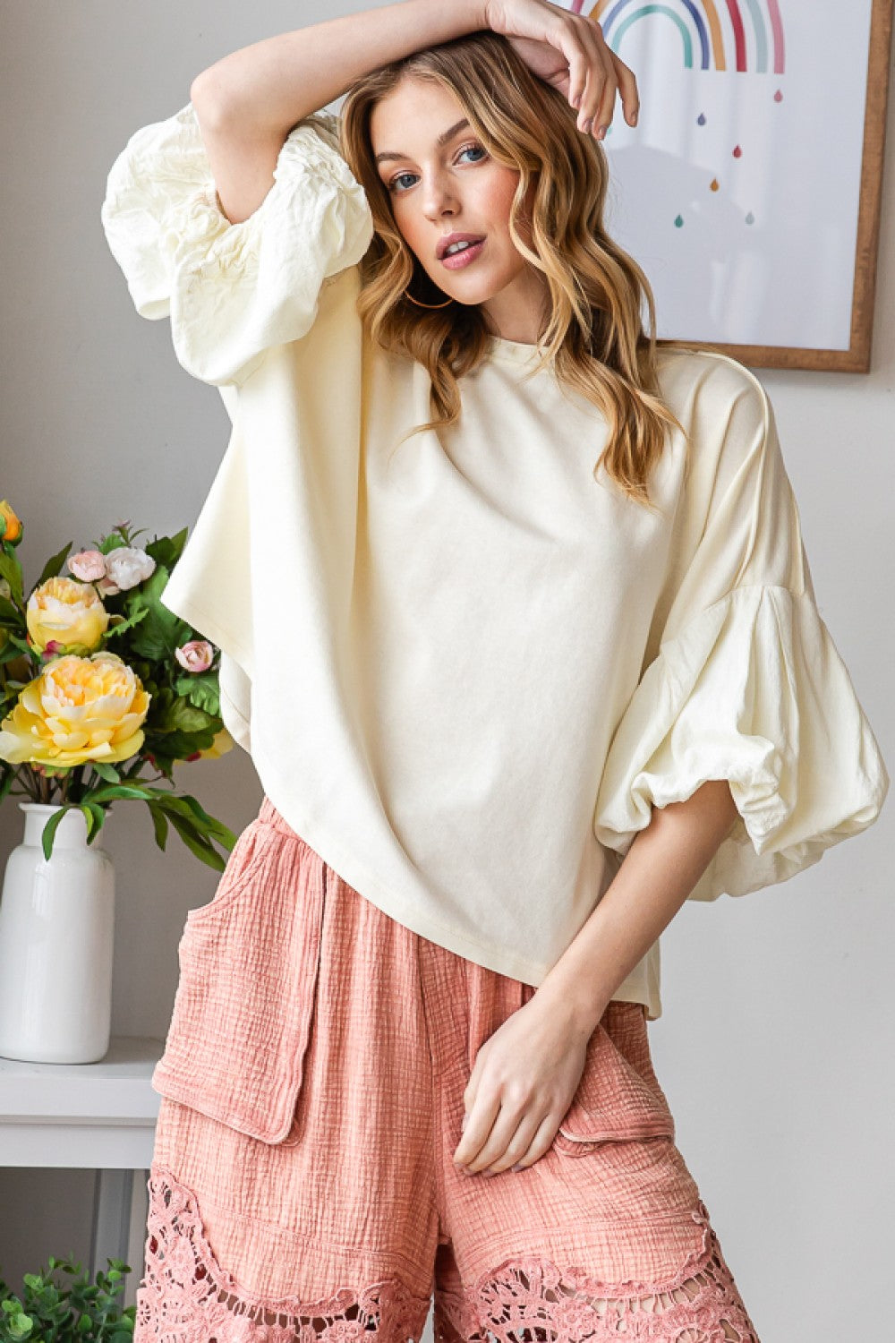 Cream Mineral Washed Bubble Sleeve Top