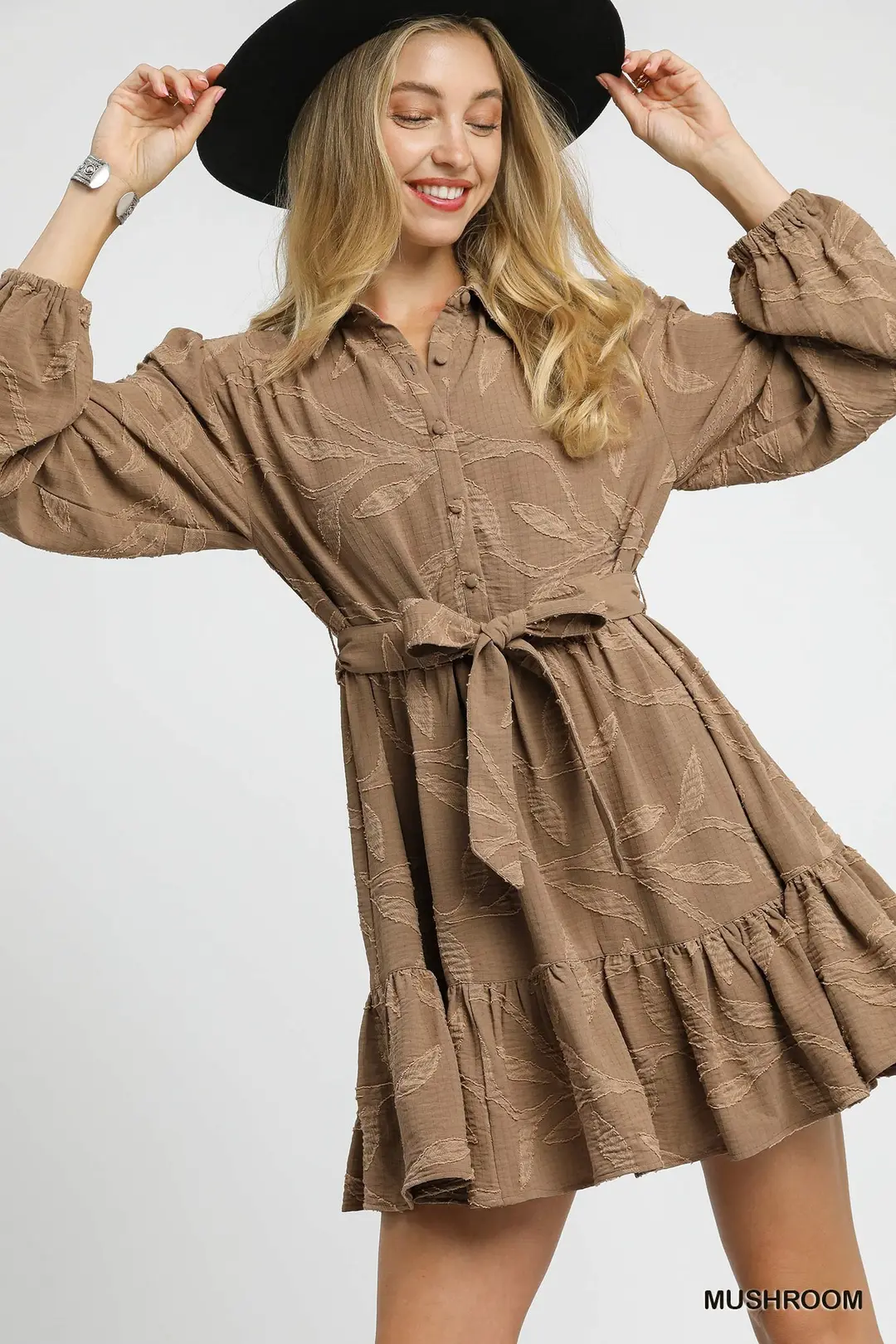 Taupe Jacquard Mini Dress w/ Tie Waist