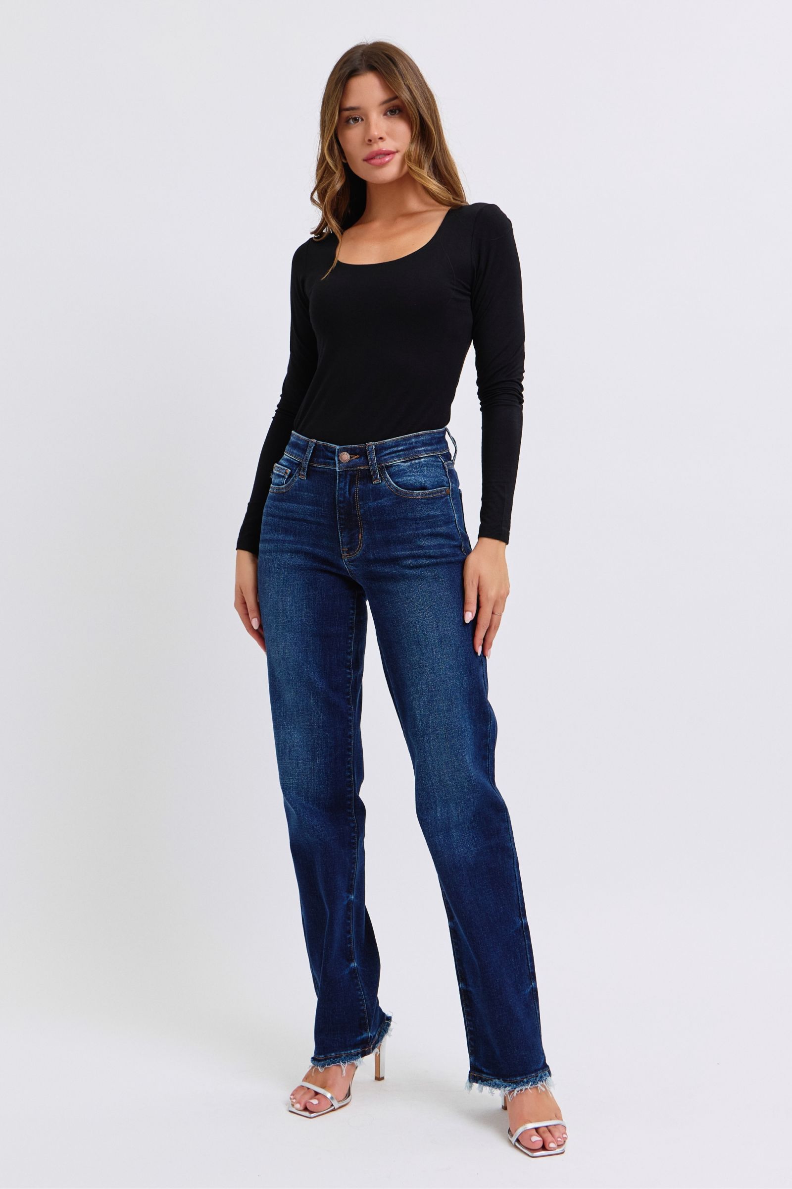 Judy Blue Mid Rise Straight Leg Jeans w/ Fray Hem