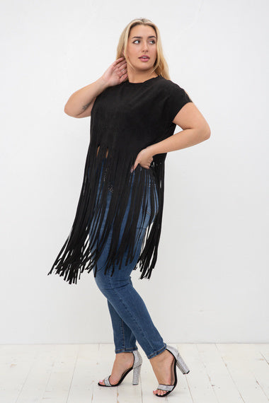Black Faux Suede Short Sleeve Fringed Top