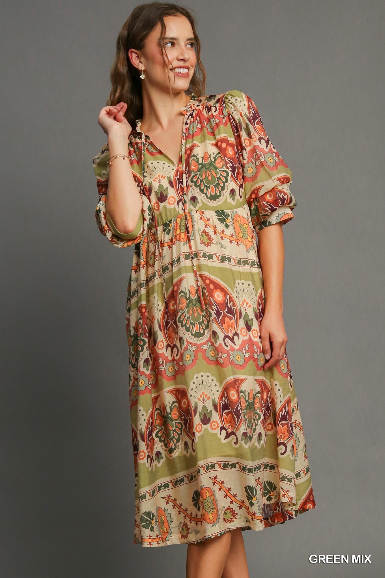 Green, Cream & Rust Border Print Dress