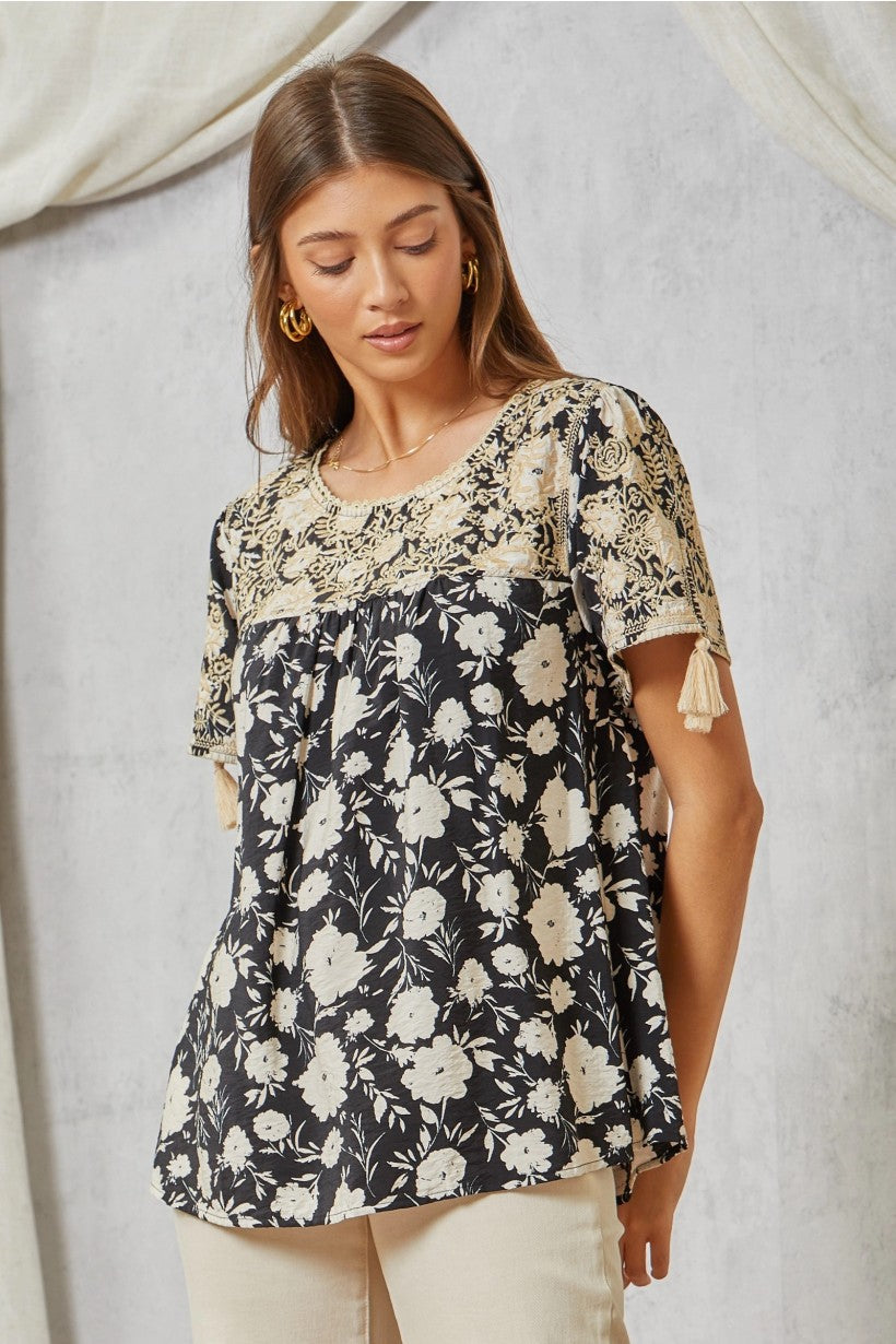 Black & Cream Floral Print Embroidered Top