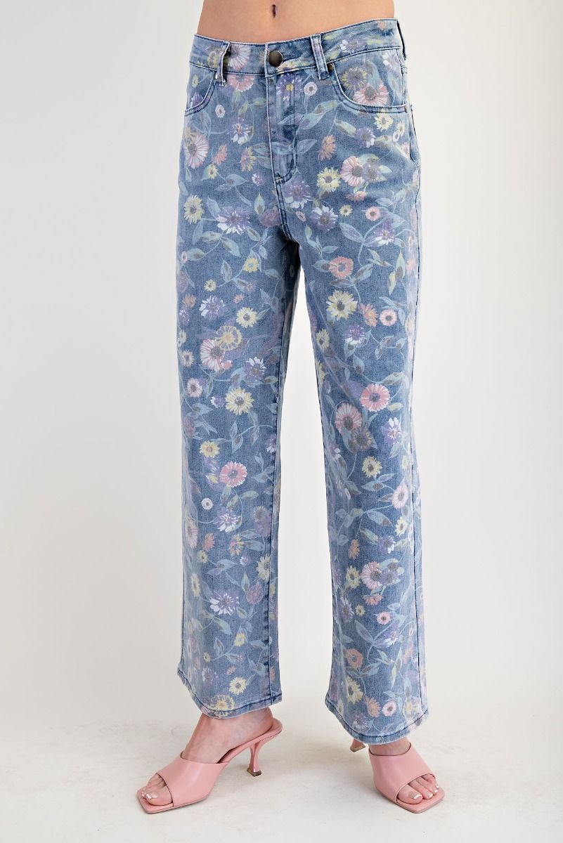 Floral Print Washed Denim Twill Pants