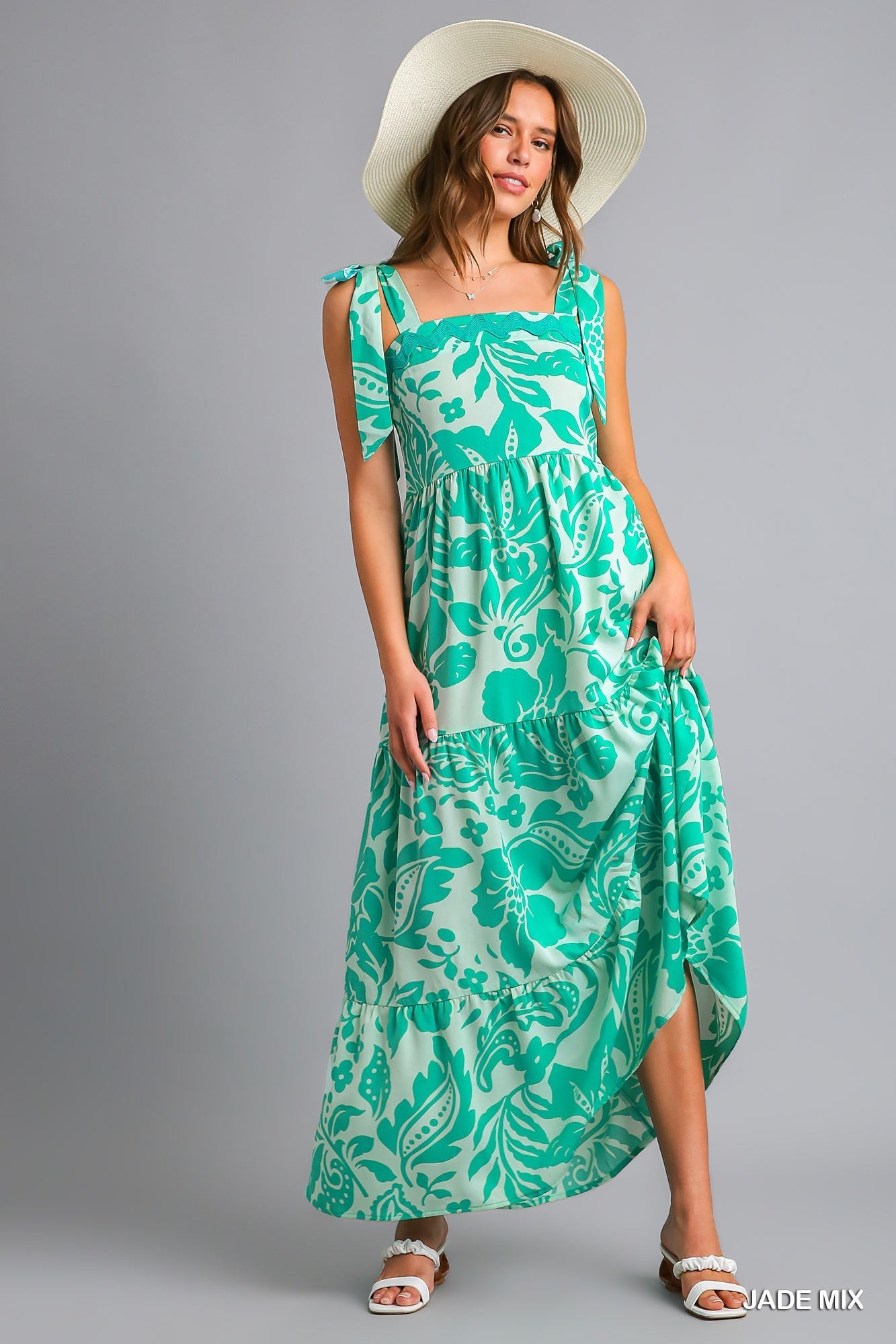 Jade Mix Tiered Maxi Dress w/ Ric Rac Details