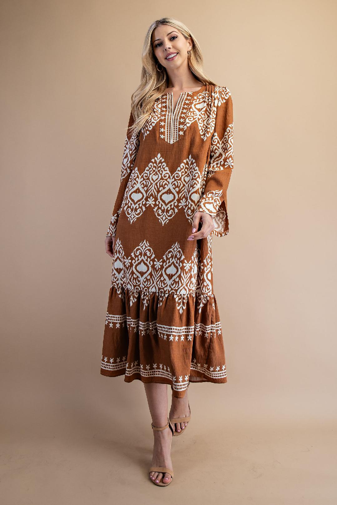 Camel Brown Long Sleeve Midi Dress