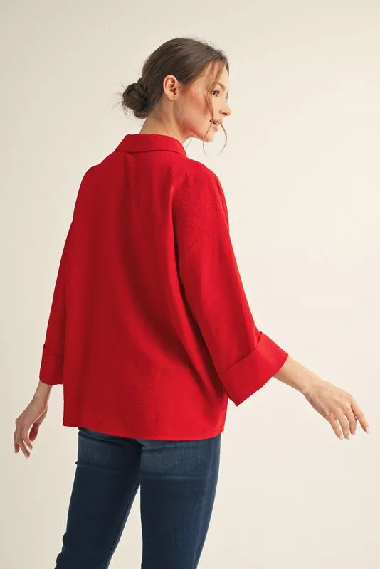 Solid Red 3/4 Sleeve Button Down Top