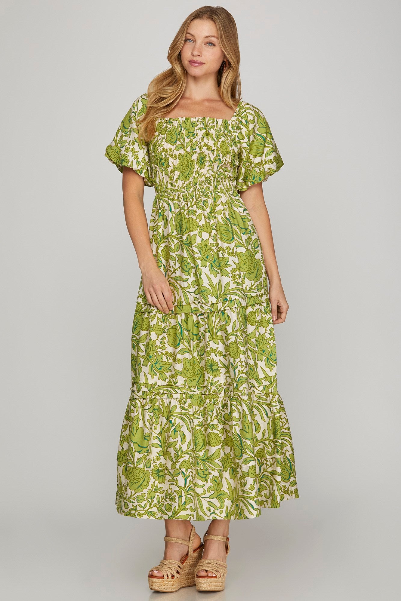 Lime Green Floral Smocked Puff Sleeve Maxi Dress