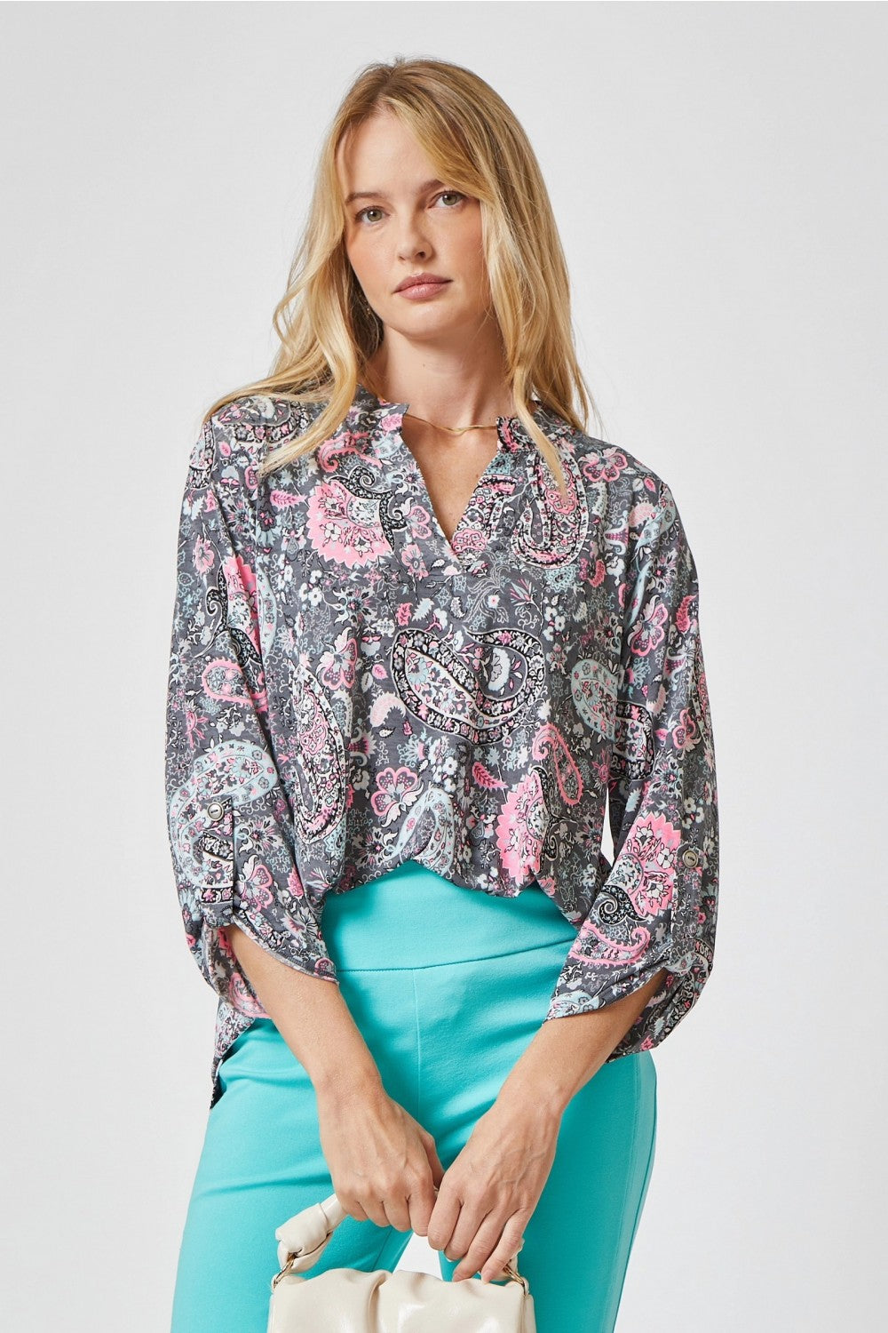 Shades of Grey & Pink Paisley  Lizzy Top