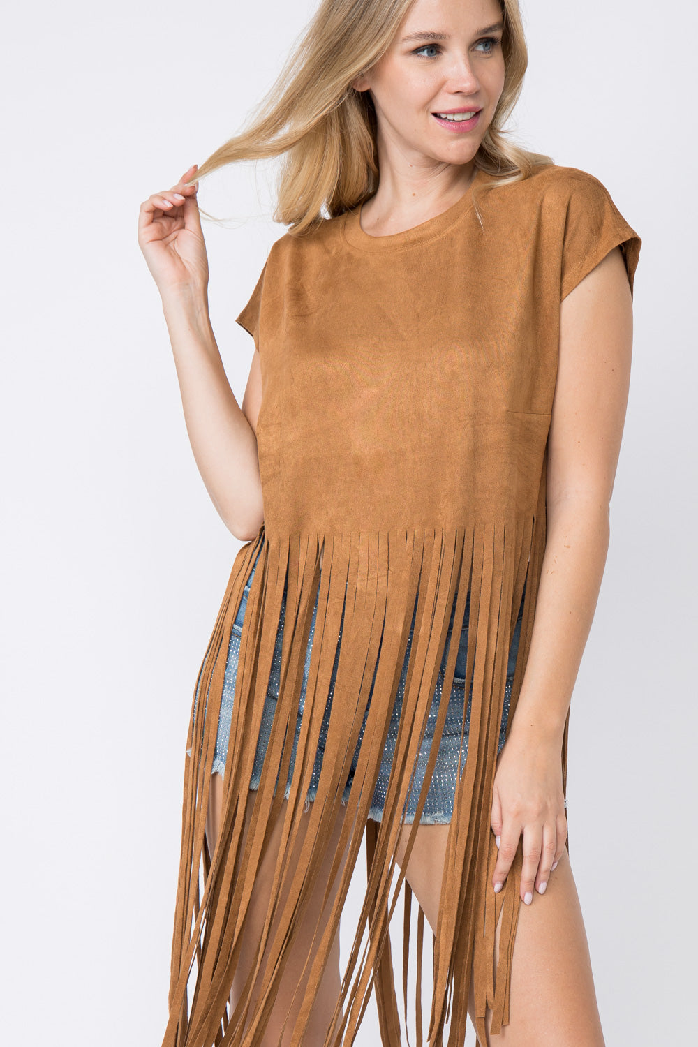 Camel Faux Suede Short Sleeve Fringed Top