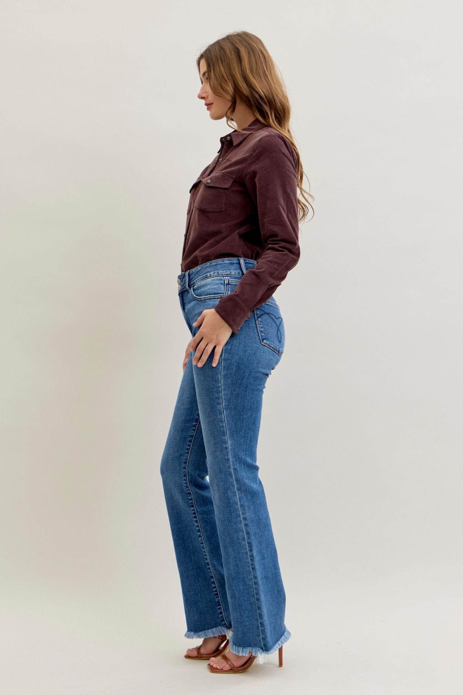 Judy Blue High Waist Bootcut Double Button Fray Hem Jeans