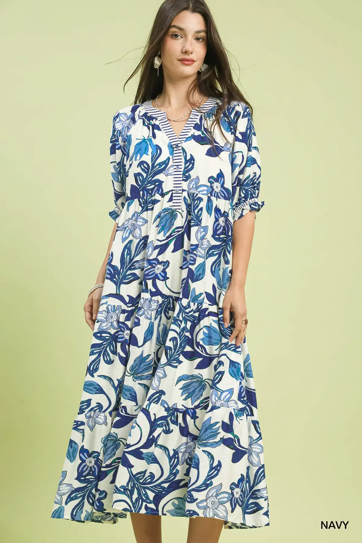 Navy Tropical Floral Tiered Midi Dress