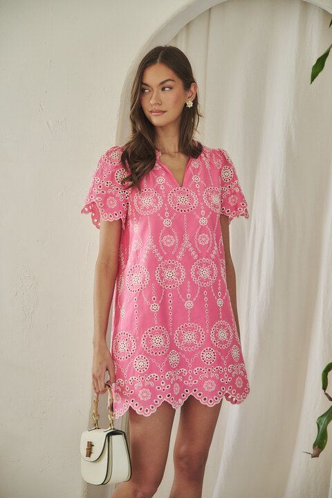 Pink Embroidered Scalloped Mini Dress