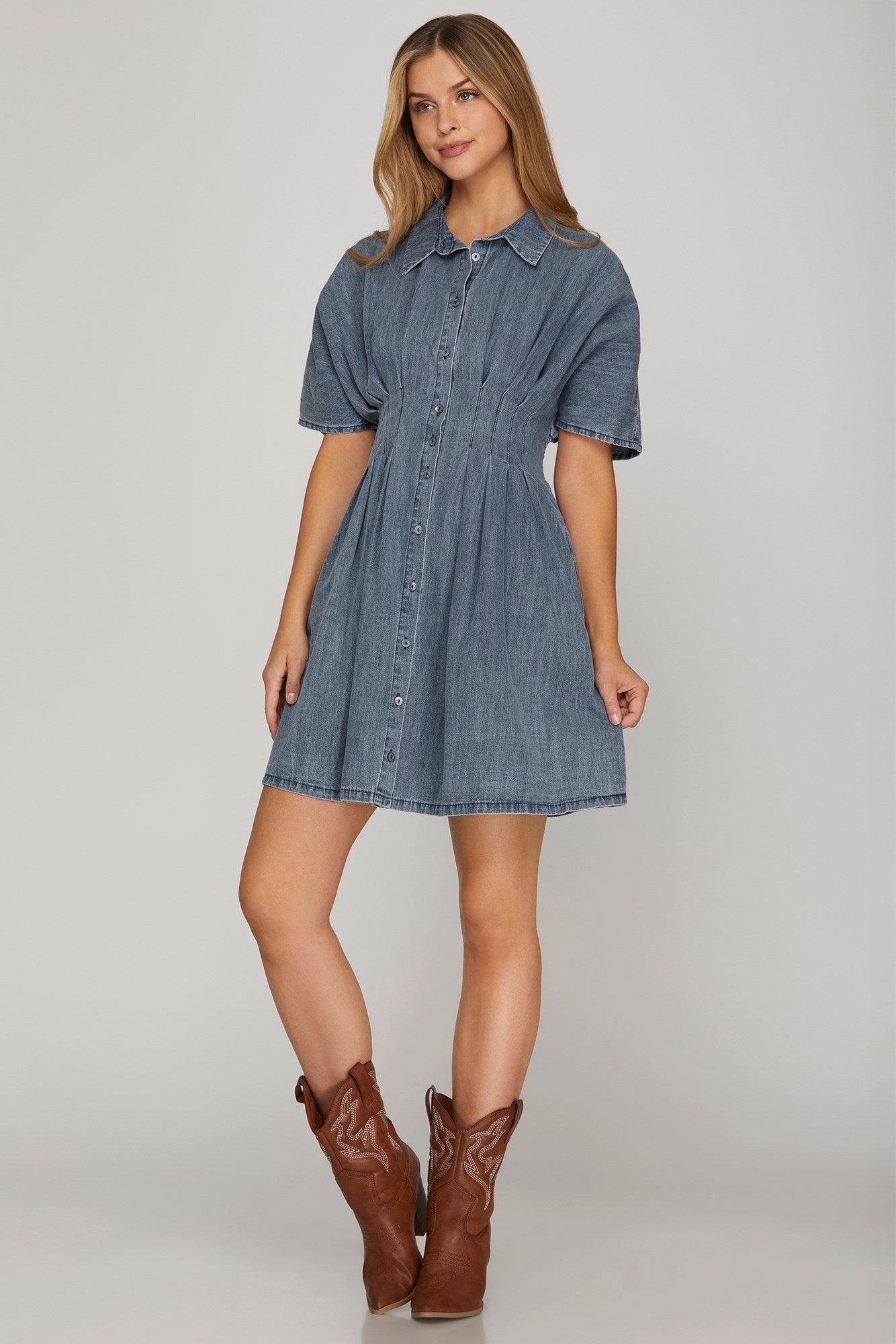 Denim Pleated Shirt Mini Dress
