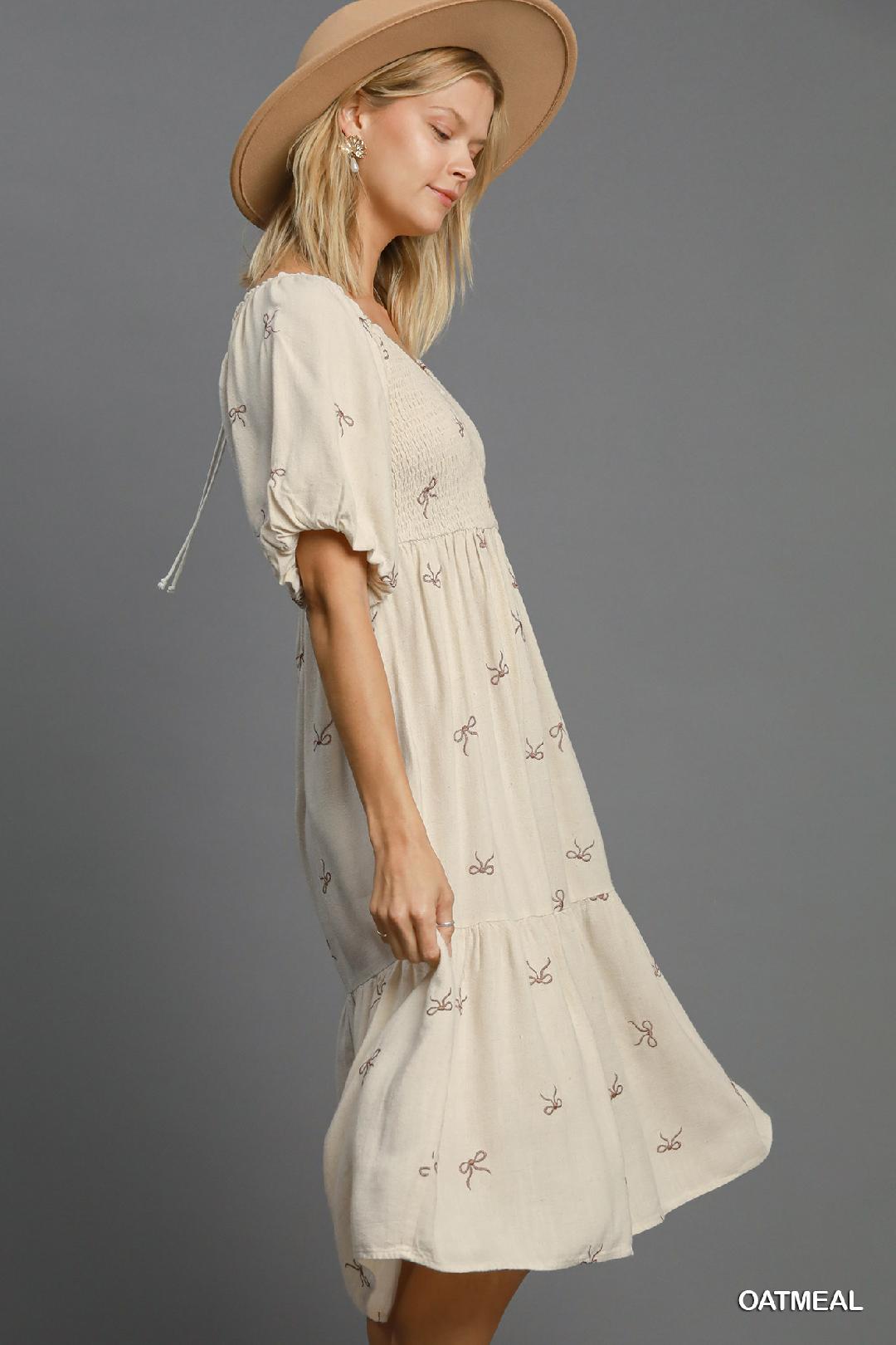 Oatmeal Linen Blend Tiered Ribbon Embroidered Dress