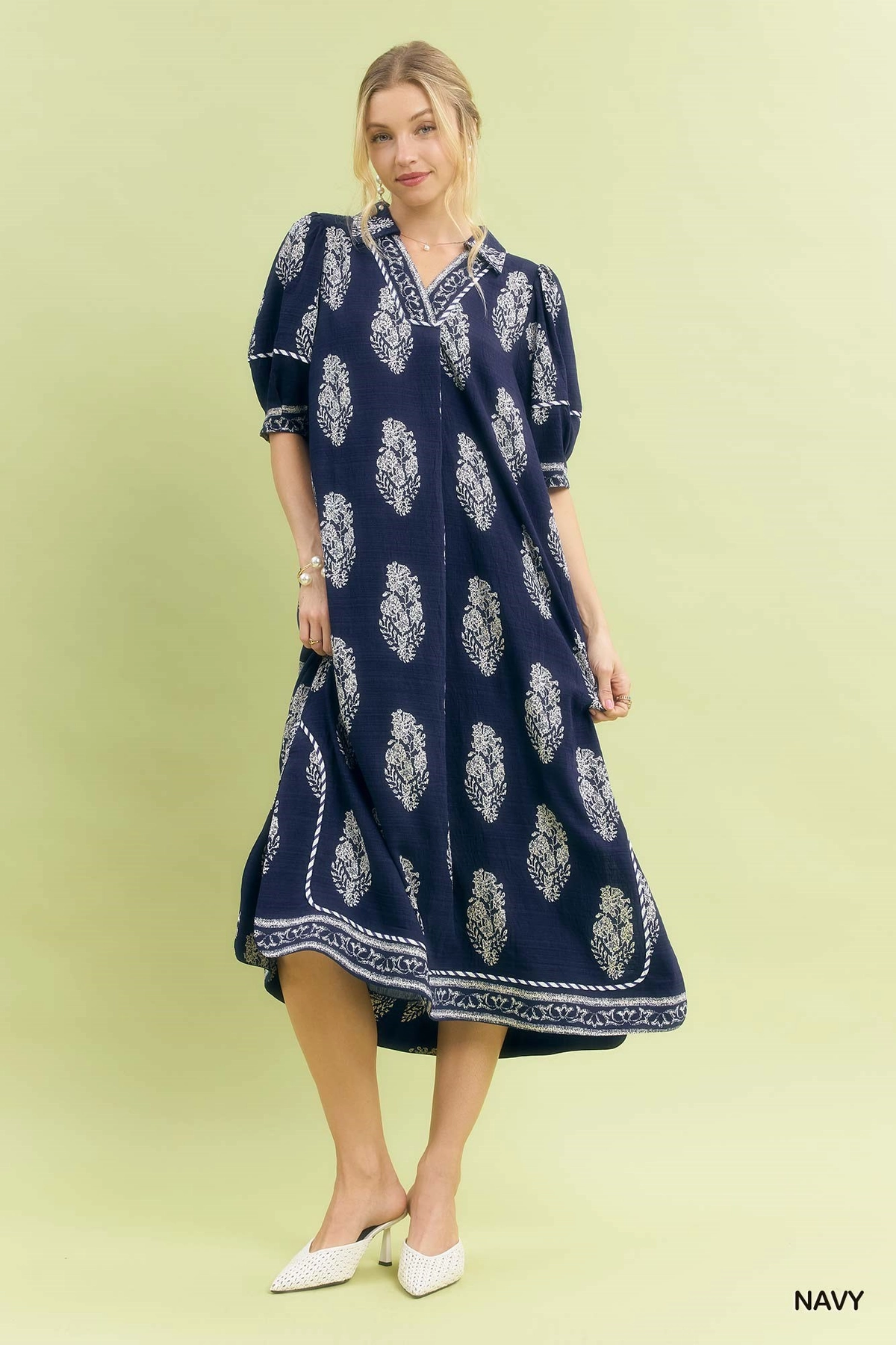 Navy  Border Print Midi Dress