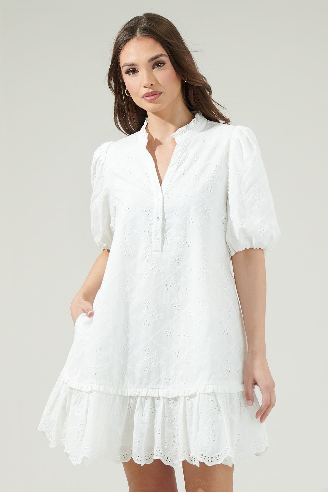 White Eyelet Puff Sleeve Mini Dress