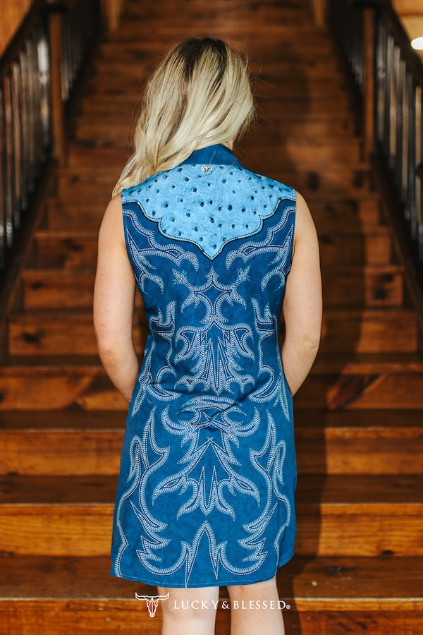Blue Boot Stitch Sleeveless Dress