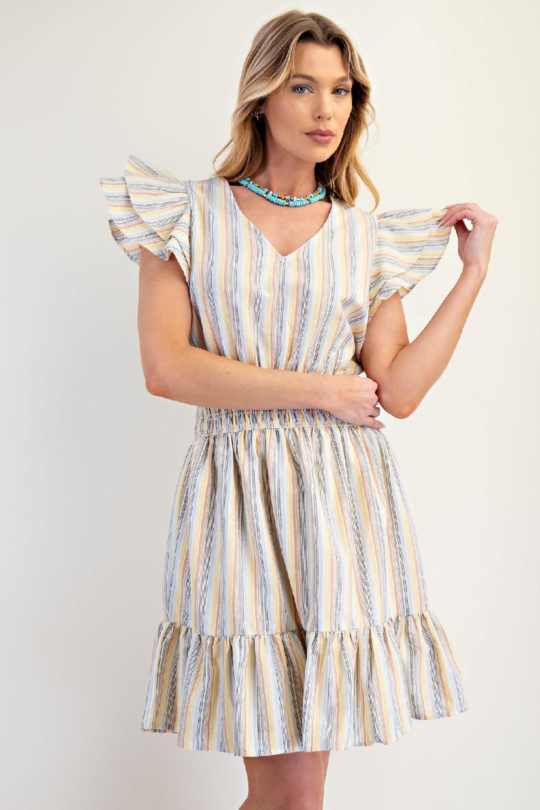 Smocked Waist Flutter Sleeve Dress