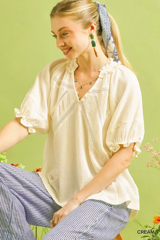 Cream Cotton Gauze Ruffle Top