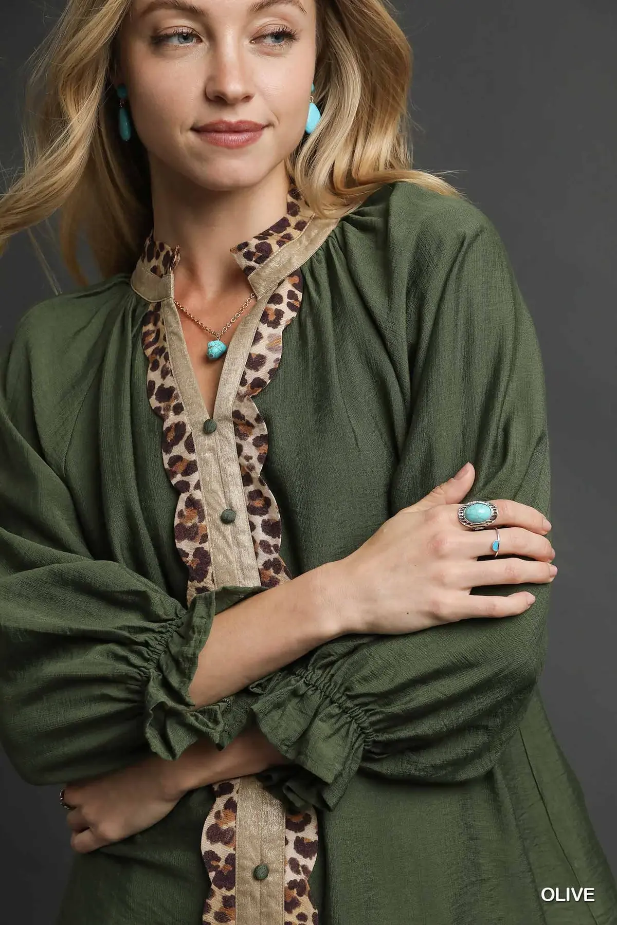 Olive Green Button Front Top w/ Leopard Trim