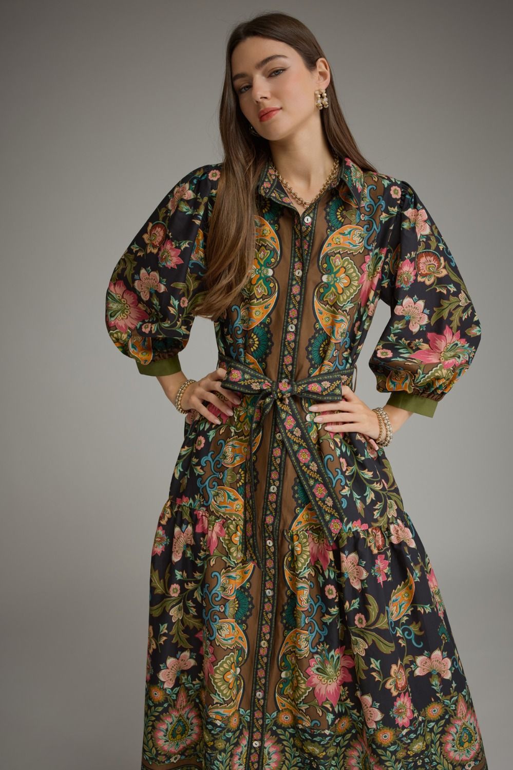 Elegant Botanical Print Belted Midi Dress