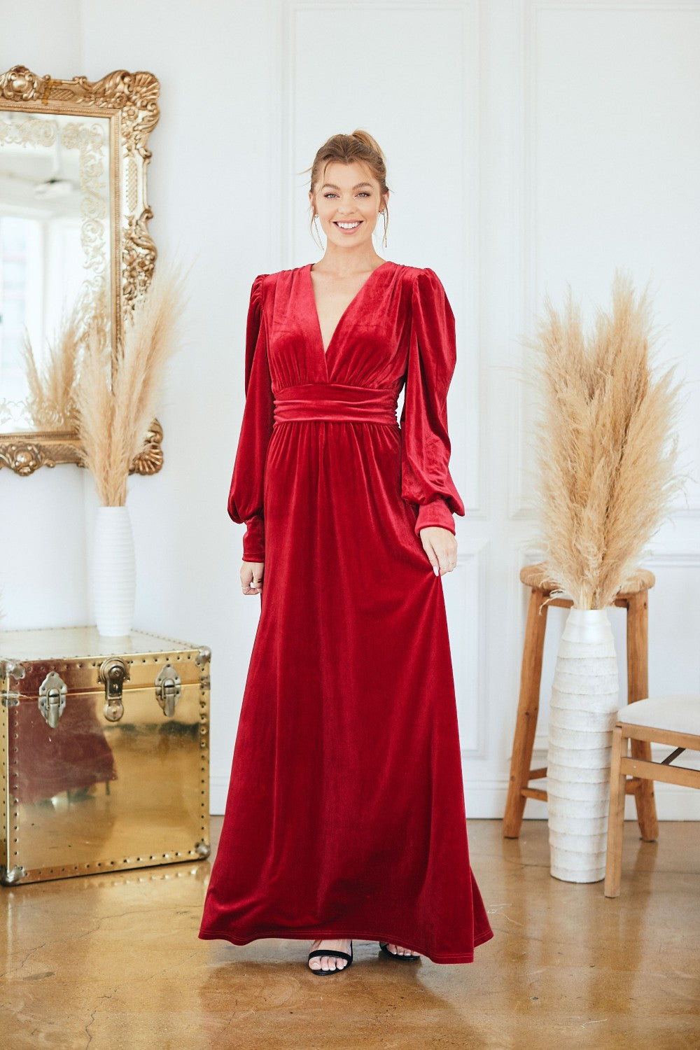 Red Velvet Long Sleeve Maxi Dress