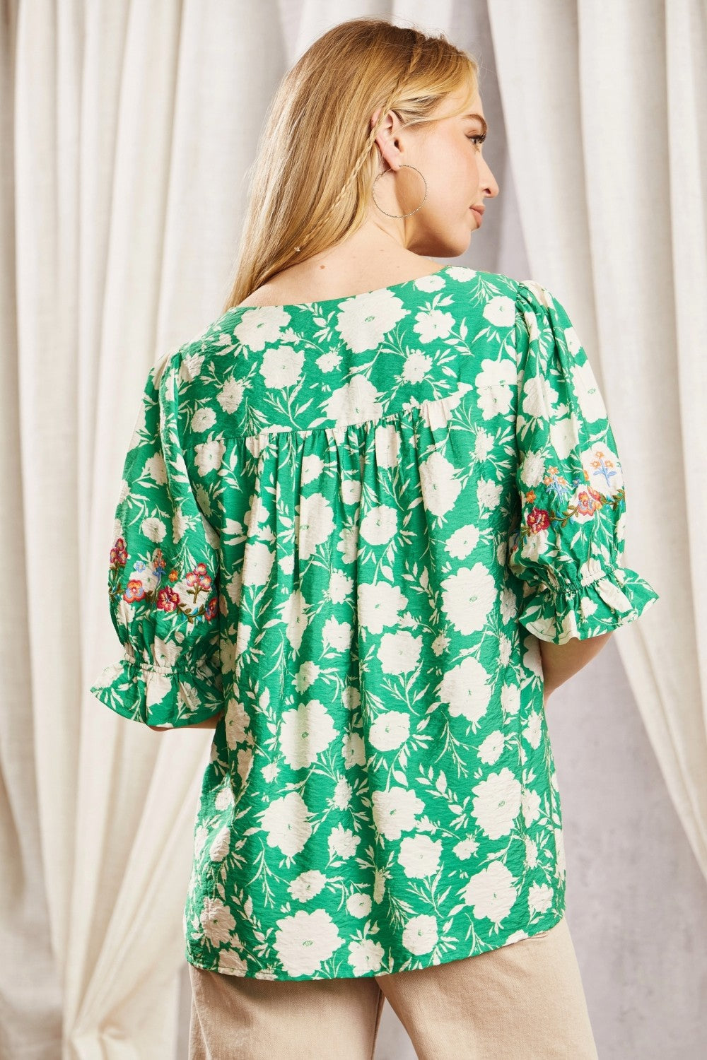 Green w/ Cream Floral Embroidered Top