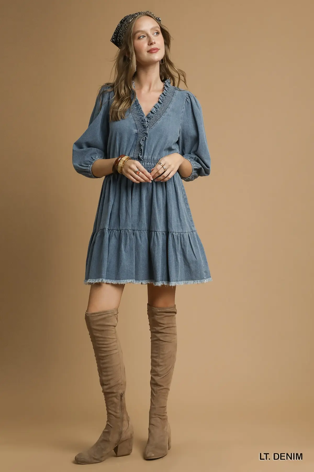 Ruffled Charm Light Denim Mini Dress