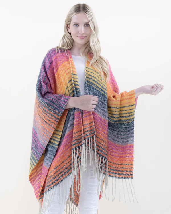 Multi Color Striped Ruana w/ Fringe