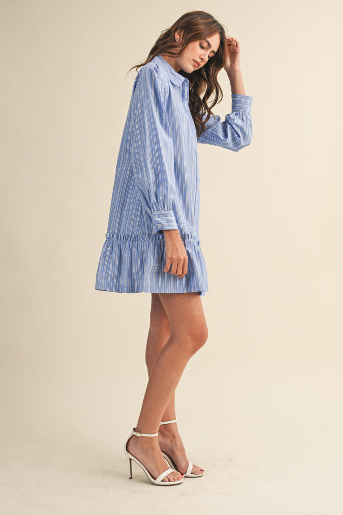 Rhinestone Striped Button Down Mini Dress