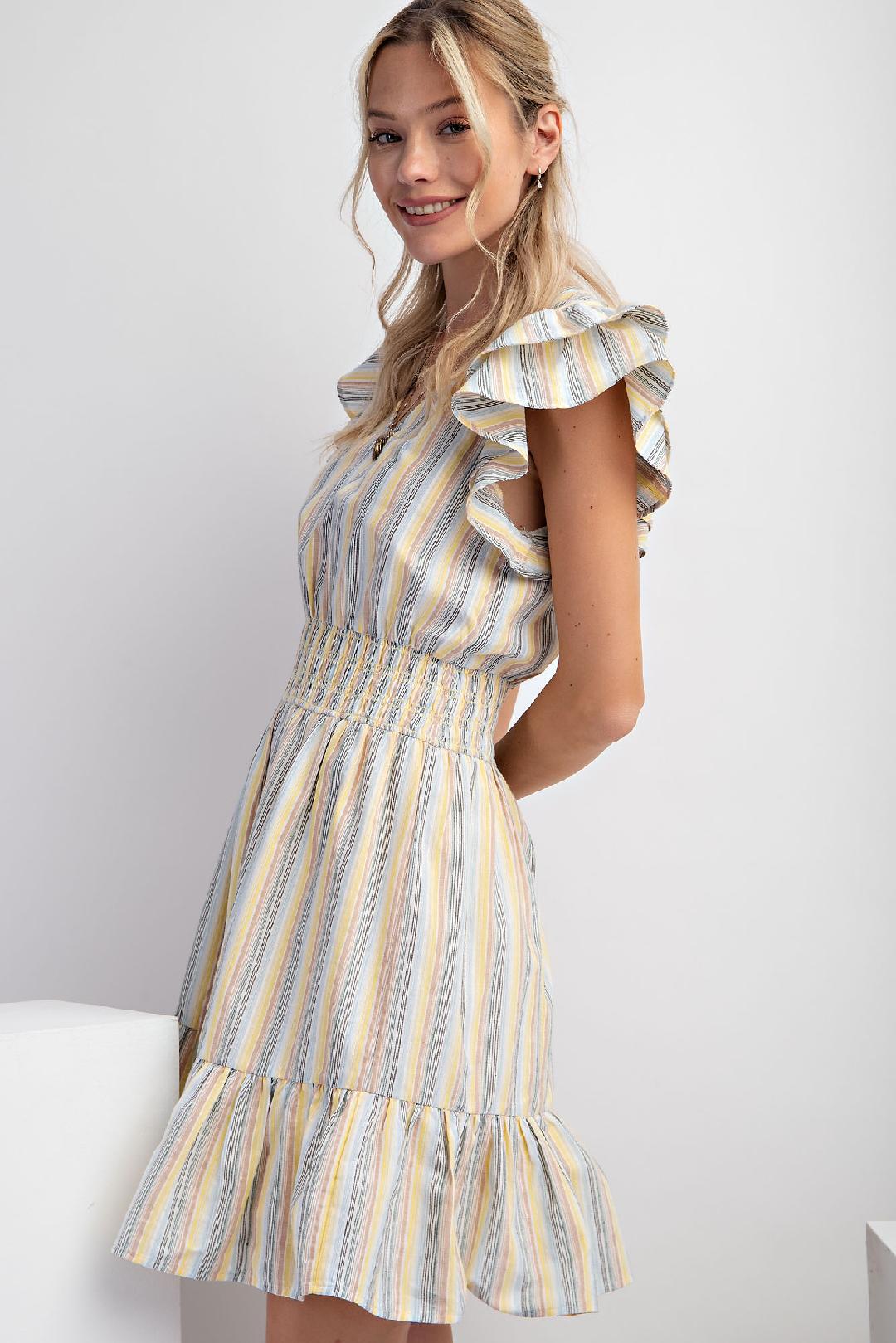 Smocked Waist Flutter Sleeve Dress
