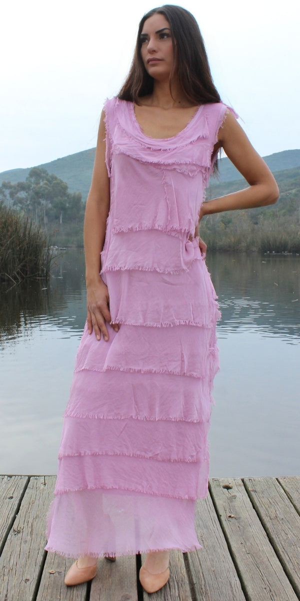 Washable Silk Sleeveless Ankle Length Ruffle Dress