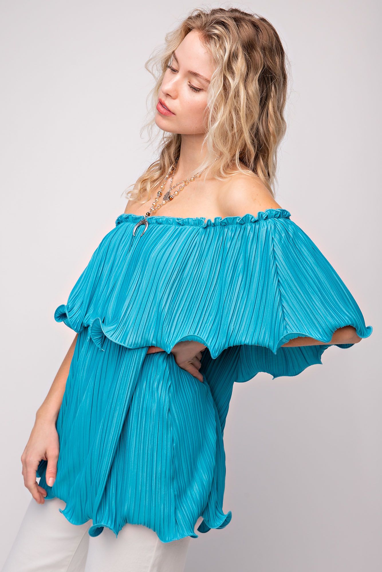 Turquoise Satin Pleated Top