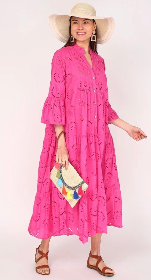 Hot Pink Cotton Eyelet Maxi Dress
