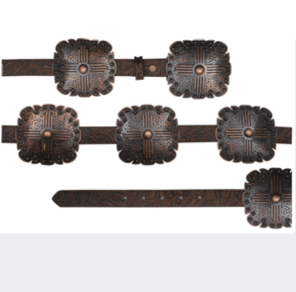 Brown Leather Belt w/ Brass Tone Square Conchos