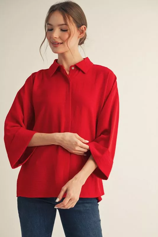 Solid Red 3/4 Sleeve Button Down Top