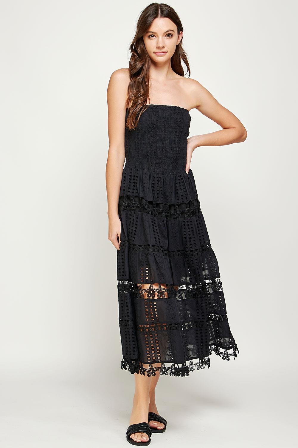 Black Cotton Eyelet Tube Dress