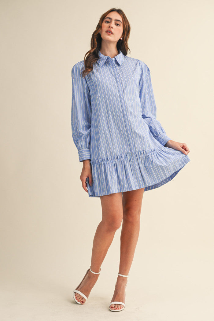 Rhinestone Striped Button Down Mini Dress