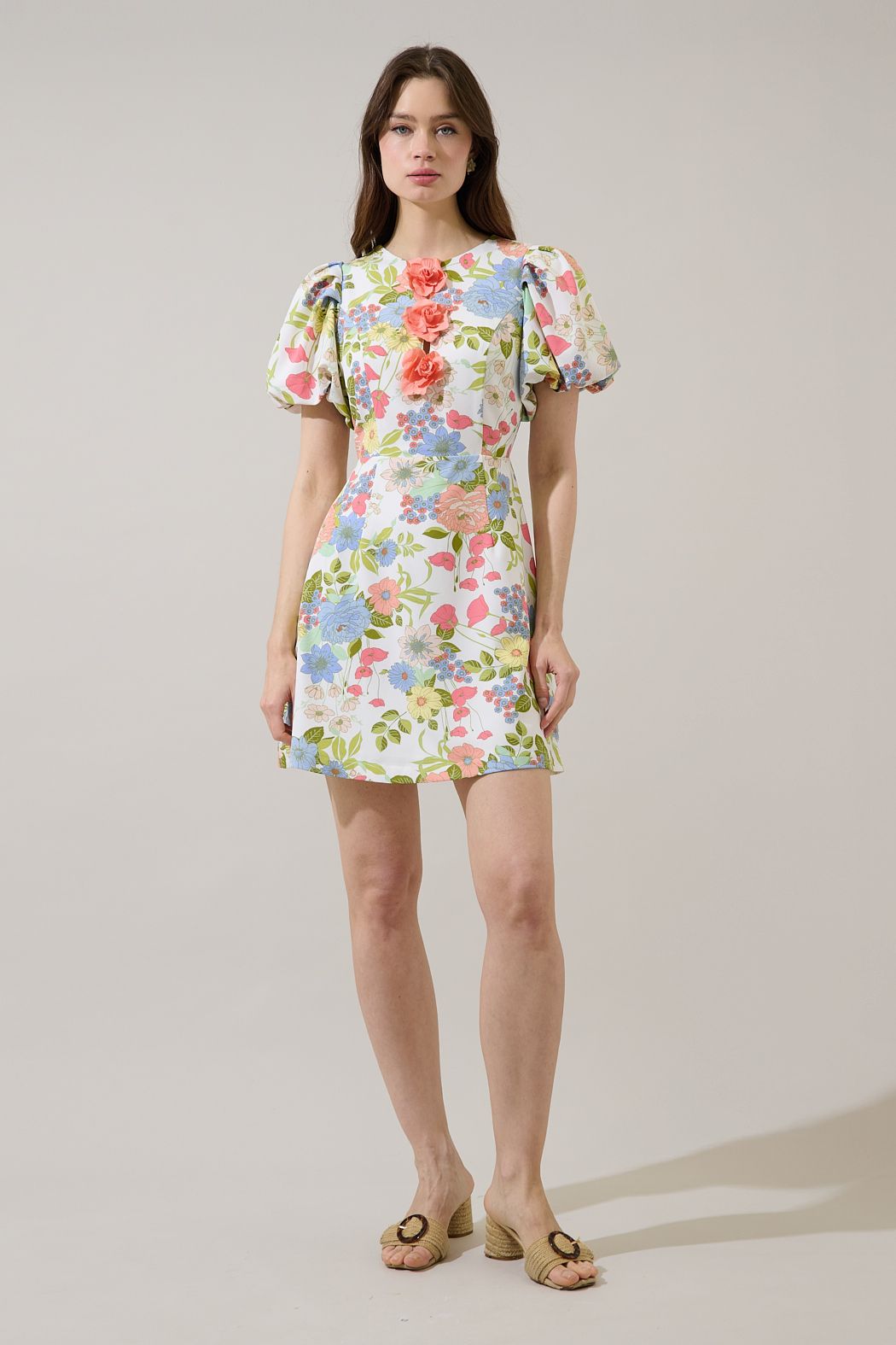 Cream Multi Floral Appliqué Mini Dress