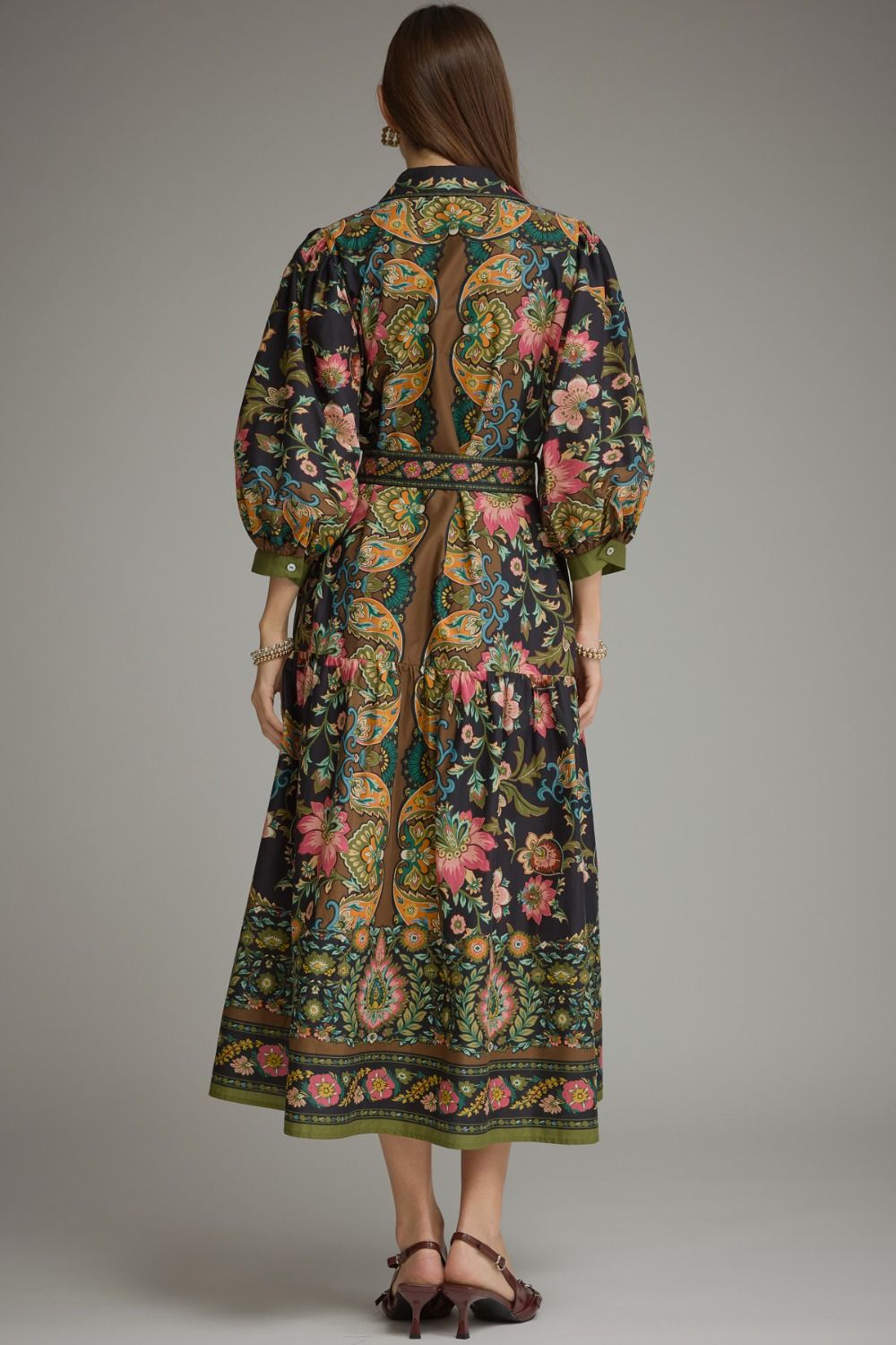 Elegant Botanical Print Belted Midi Dress
