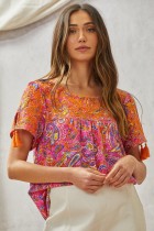 Hot Pink Paisley Print Embroidered Top