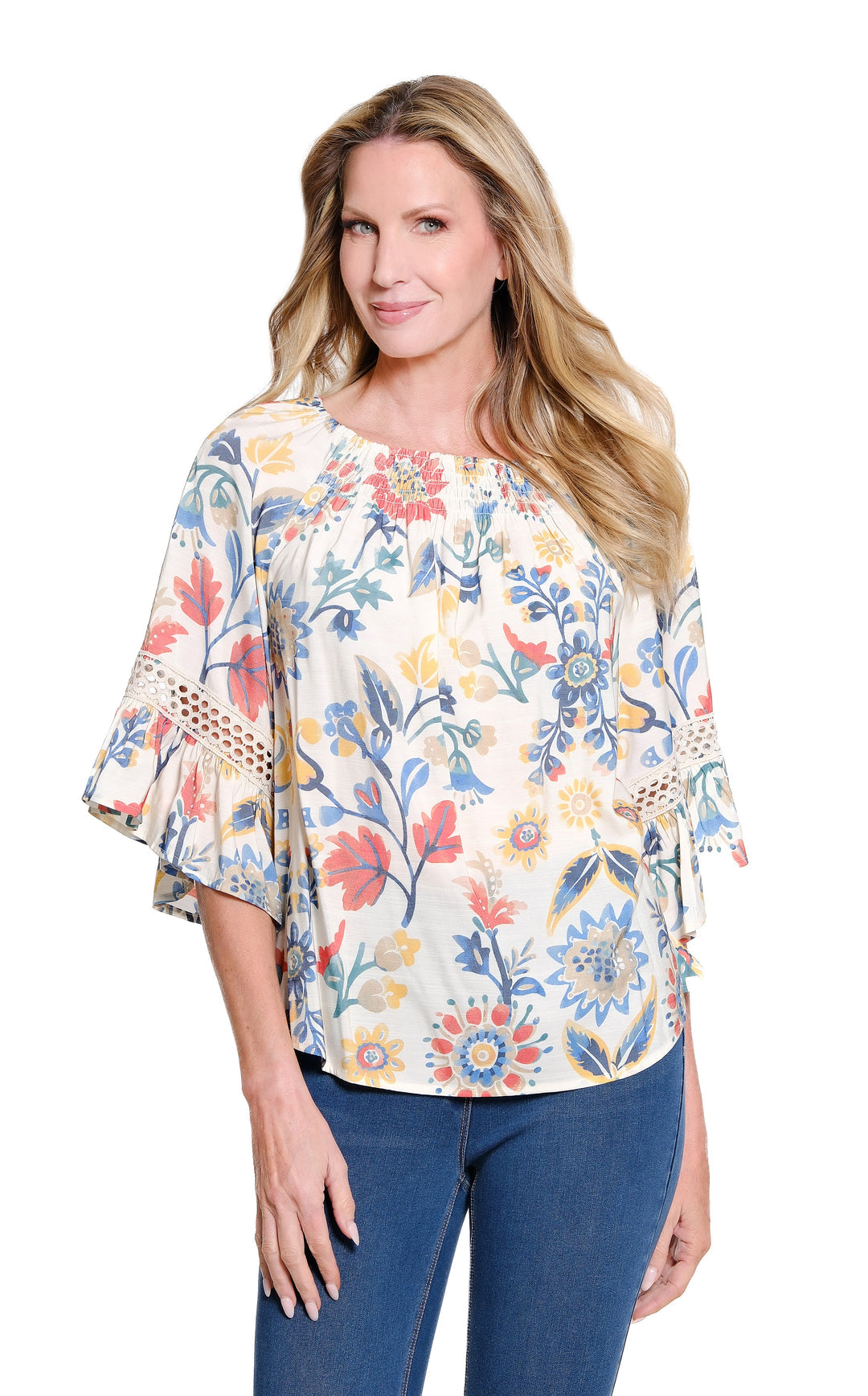 Multi Floral Peasant Top w/ Denim Lace Trim