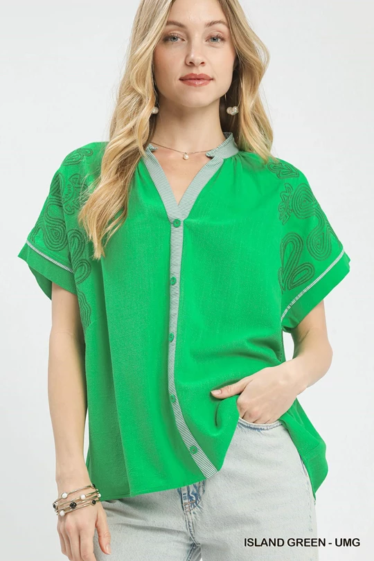 Island Green Embroidered Linen Top