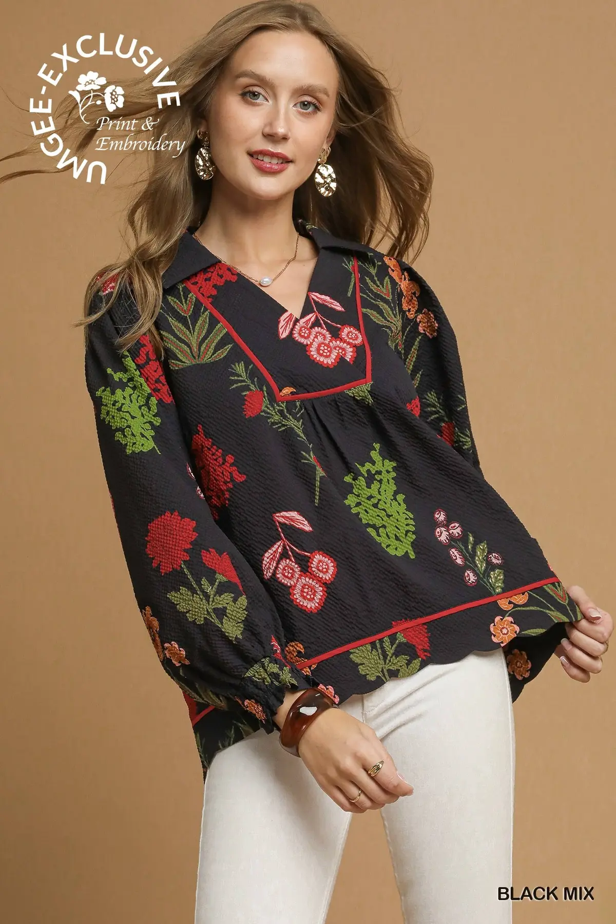 Black Floral Mix Textured Top