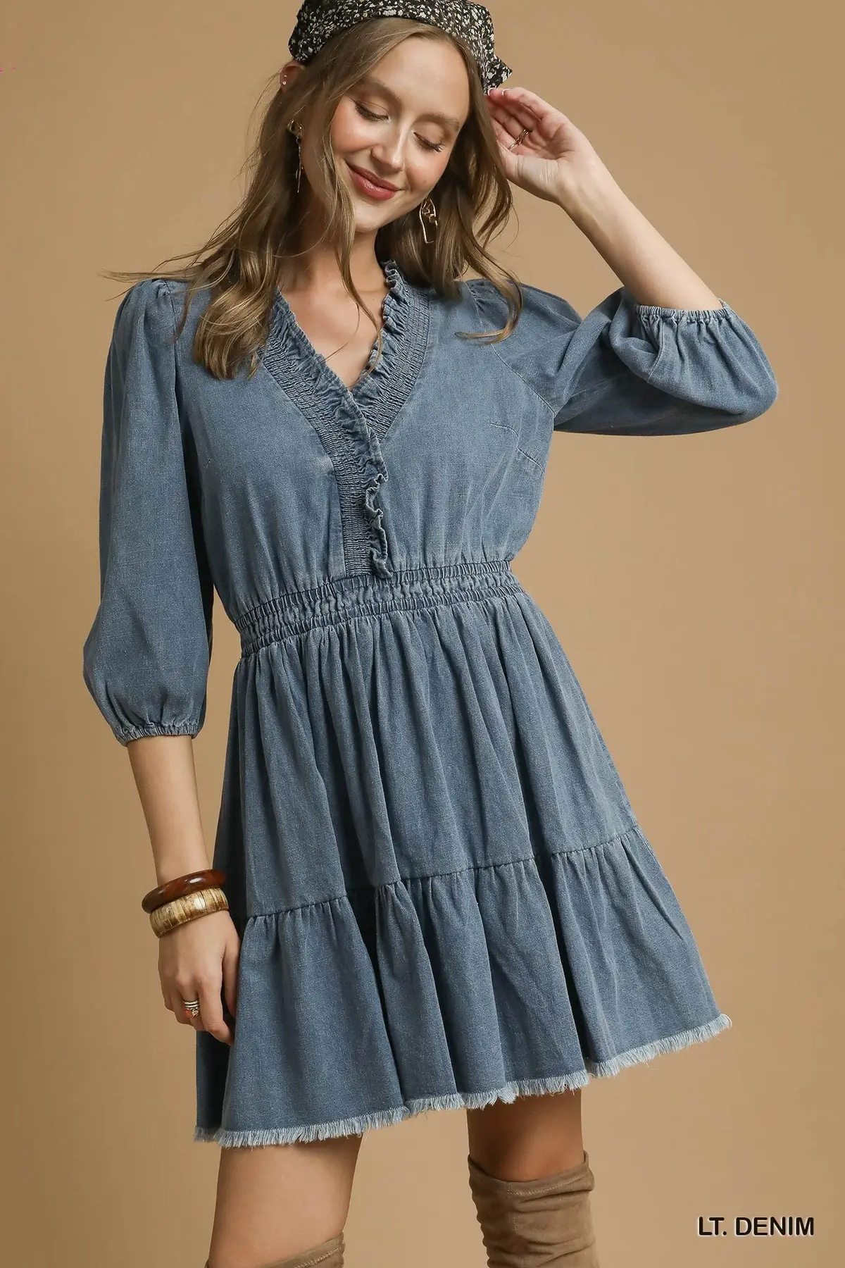 Ruffled Charm Light Denim Mini Dress
